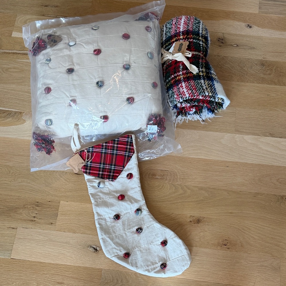 Mud Pie Festive Plaid Pillow, Blanket, and Stocking Set